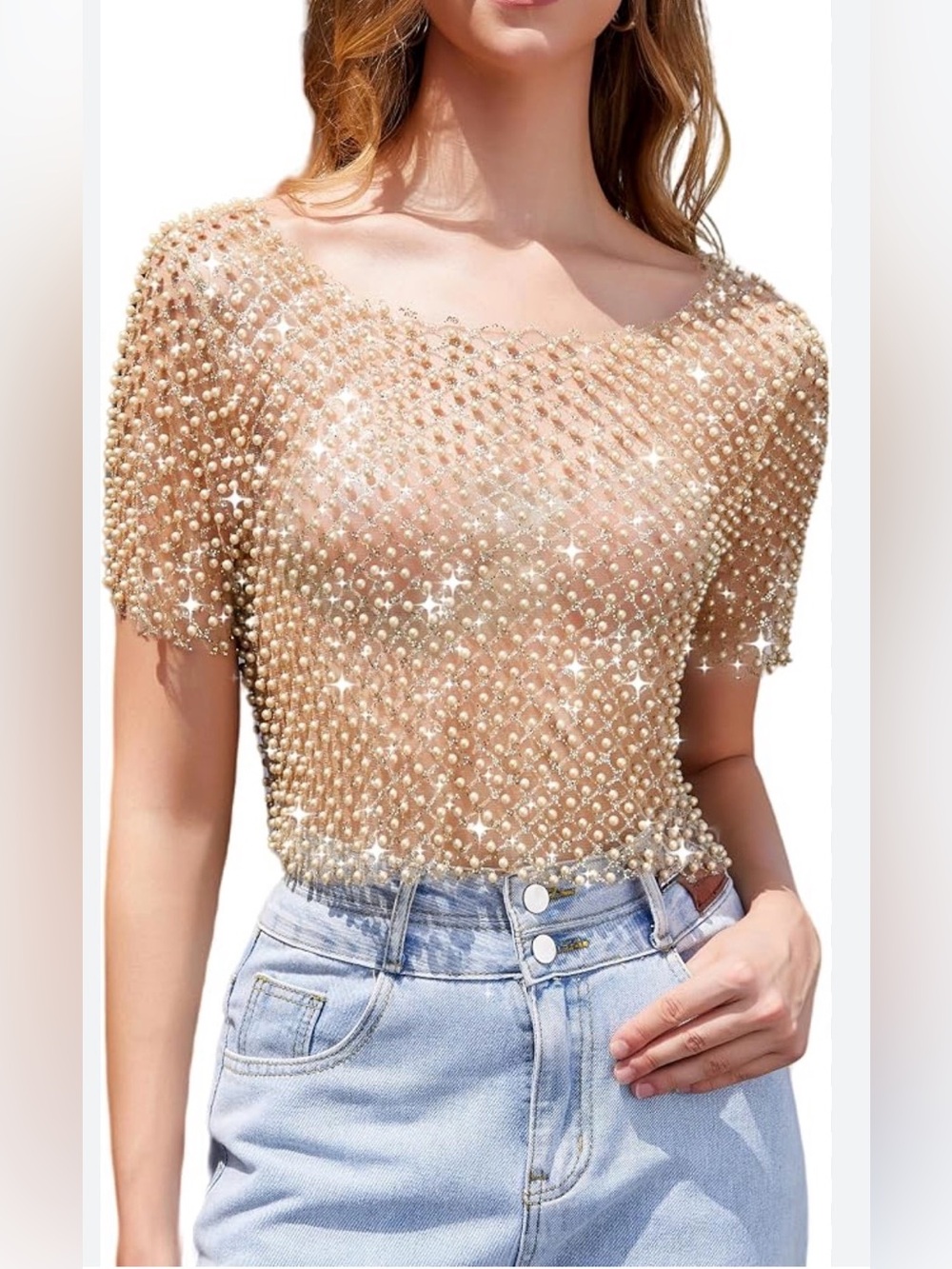 Windsor Faux Pearl-Embellished Nude Mesh Short Sleeve Top